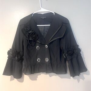 gothic Black rose button up peplum blazer/jacket pearls cropped flare sleeve